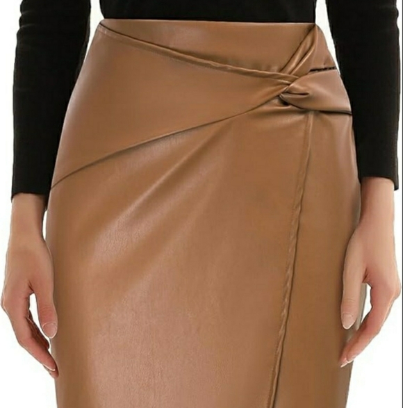 Kate Kasin Dresses & Skirts - Kate Kasin Faux-leather Knot-front Faux Wrap Sienna Brown Pencil Skirt Sz XL